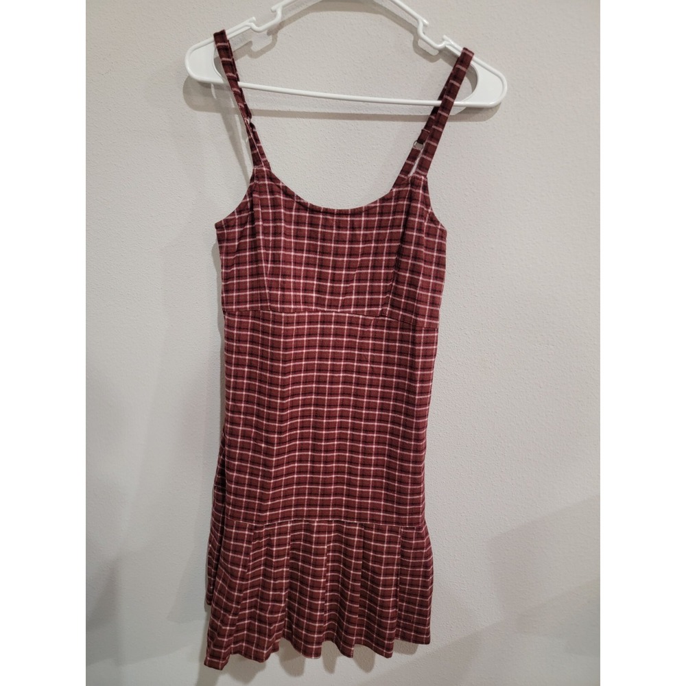 Hollister Plaid‎ Burgandy Jumper Dress Pleated Flannel Women's Size M Long